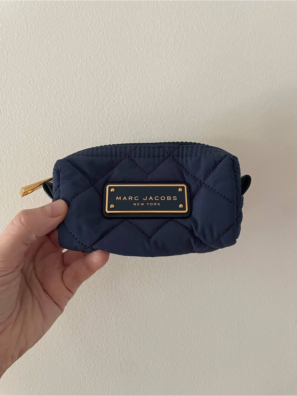 Marc Jacobs Navy Quilted Logo Cosmetic Pouch with Gold Accents